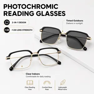 Photochromic Reading Glasses +1.00, Anti Blue Light UV Protection Readers, Black Gold Lightweight Eyeglasses for Men Women, Work Travel Everyday Wear, SummerVibes