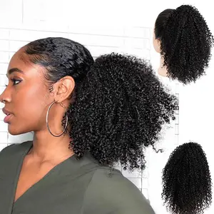 Afro Kinky Ponytail Human Hair For Black Women Clip Ins Human Hair Extensions Kinky Curly Drawstring Ponytail Natural Color Easy to Install Afro Puff Human Hair Ponytail 4c  hair  extensions