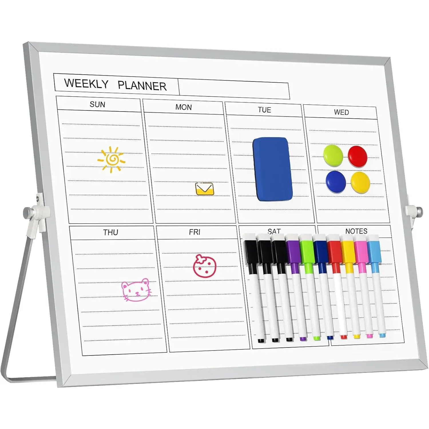 Dry Erase White Board with Stand, 12'' x 16'' Desktop Weekly Schedule Board, 10 Markers, 4 , 1 Eraser, Double-Sided White Board Easel for  Drawing School to Do List