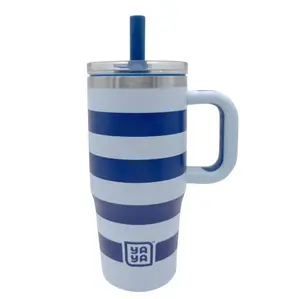 YAYA My First Travel Tumbler for Preschool & Kids 3+, Insulated Stainless Steel Tumbler with Reusable Silicone Straw & Spill-Proof Lid, Cup Holder Compatible, BPA-Free, 12oz, Blue Stripes