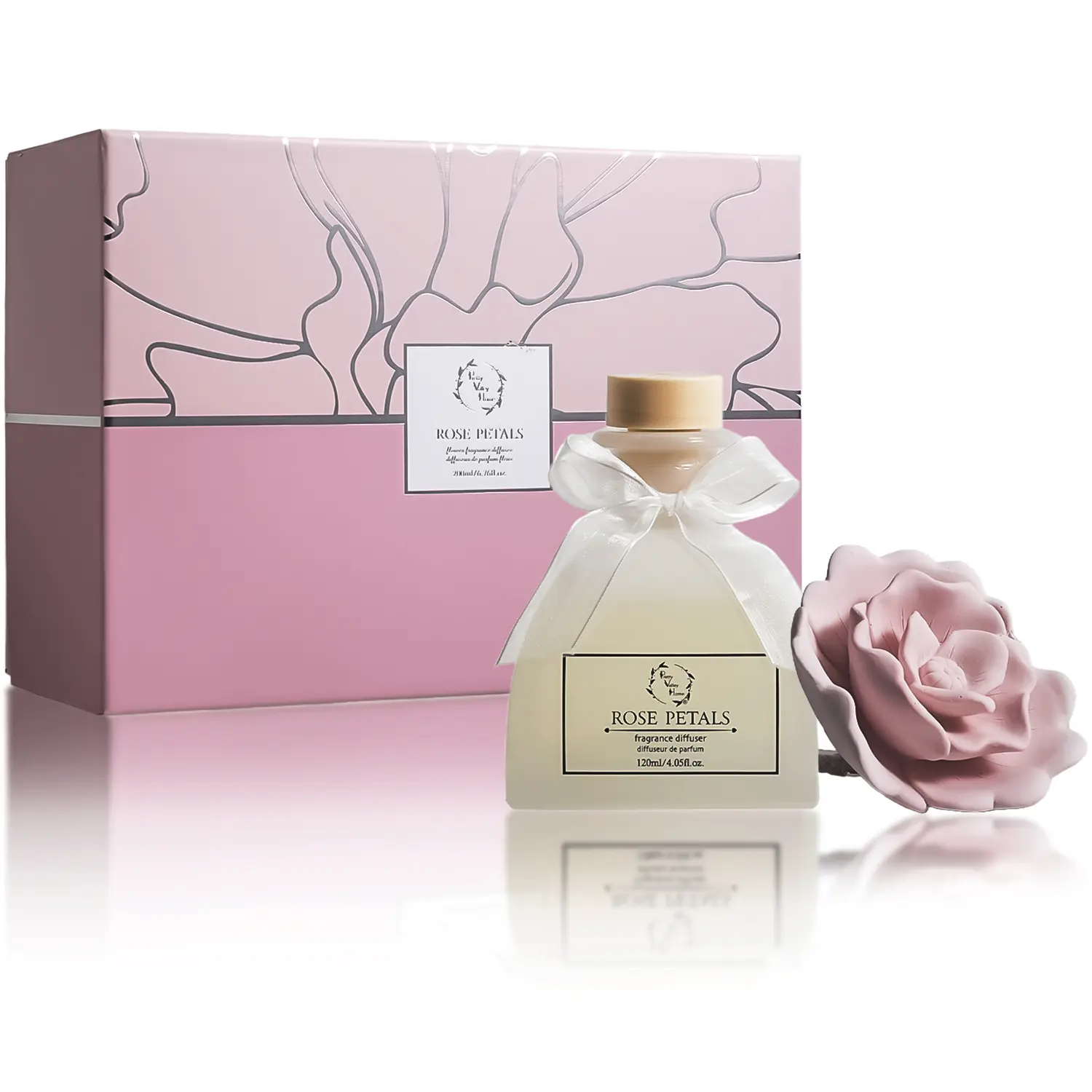 Pretty Valley Ceramic Rose Petal Porcelain Fragrance Diffuser (4.05fl oz/120ML) - Floral Reed Diffuser with Essential Oils, Dual Florals, Long-Lasting Room Scenting, Decorative Boxed Home Care Gift for Bathroom