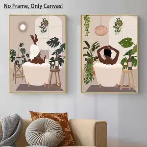 Bathroom Canvas Painting without Frame, Unframed Painting, 2 Counts Modern African American Woman in Bathroom Pattern Wall Art, Wall Decor for Home Bedroom Bathroom, Modern Art Design, Modern Home Decoration