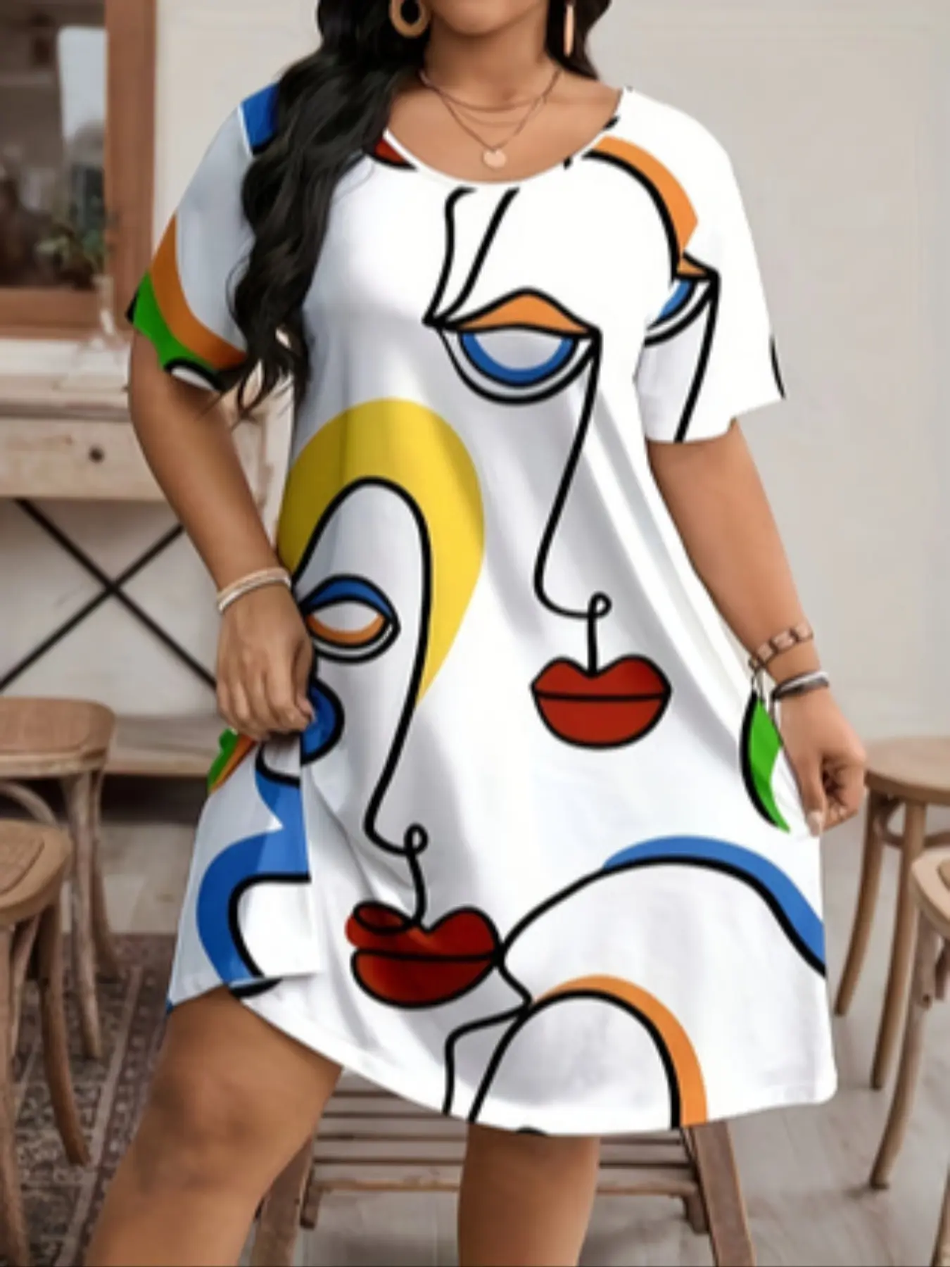 Plus Size Womenswear Casual Summer Loose Dress, Lightweight, Full Print Design, Simple Style, Perfect for Warm Weather, Comfortable and Stylish
