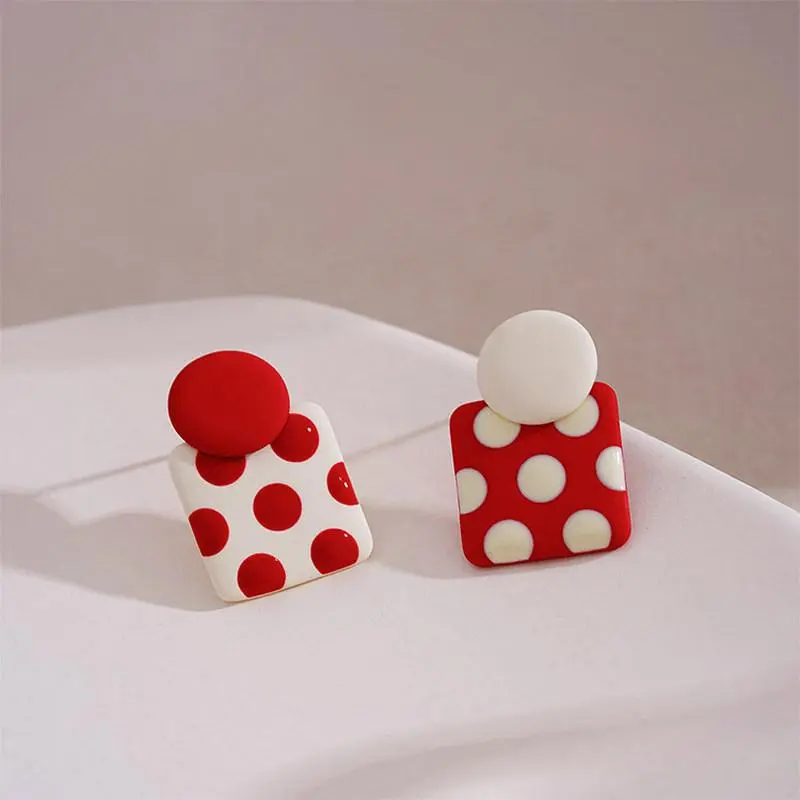 Korean Fashion Retro Cute Geometric Asymmetric Wave Dot Stud Earrings For Women's Trendy Contrast Color Pendant Earrings Gifts