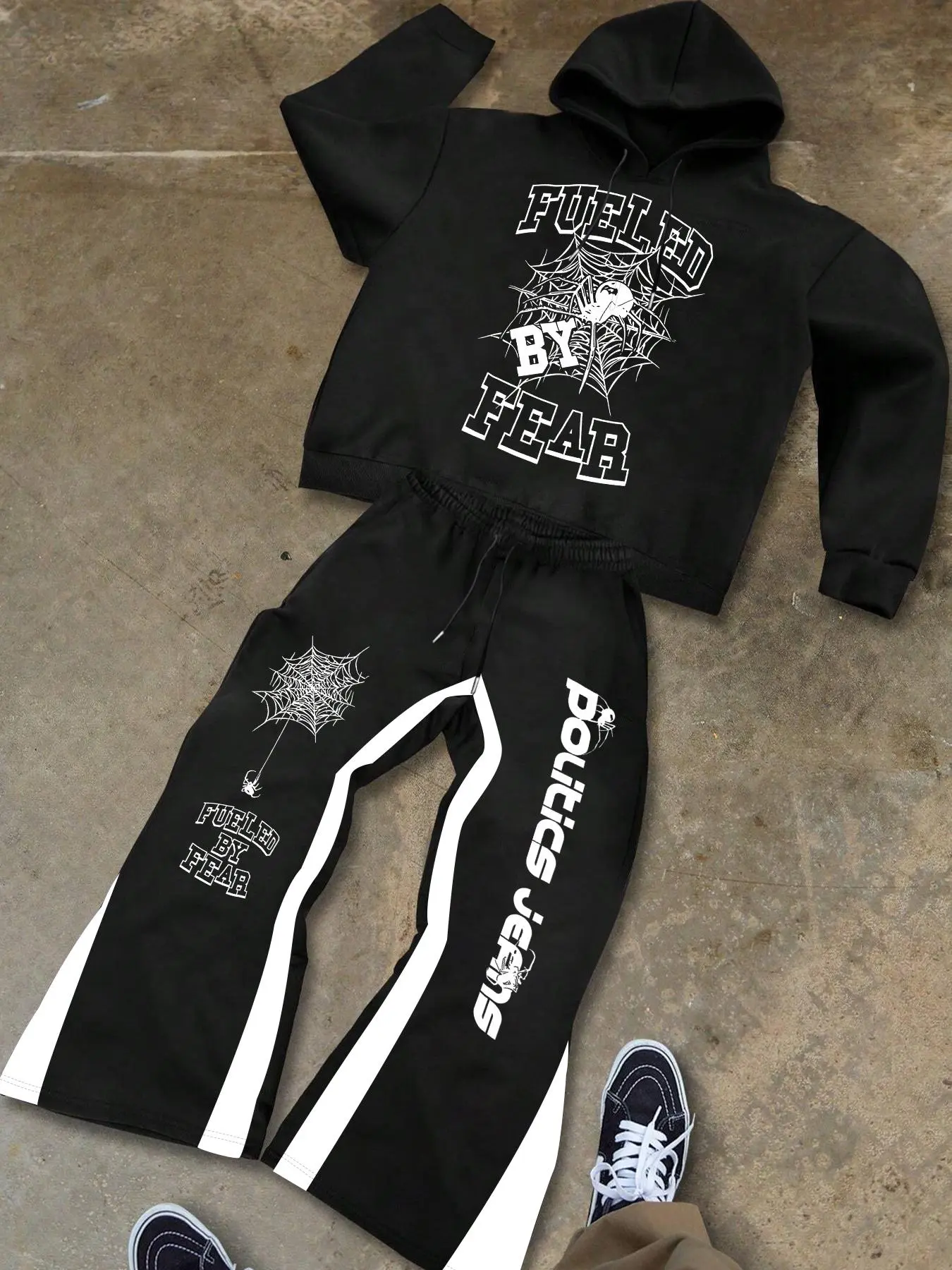 Men's Spider Print Drop Shoulder Hoodie & Colorblock Pocket Sweatpants Two-piece Set, Regular Fit Street Fashion Drawstring Long Sleeve Hoodie & Flare Leg Pants for Daily Wear, Men Two-piece Outfits for Fall & Winter