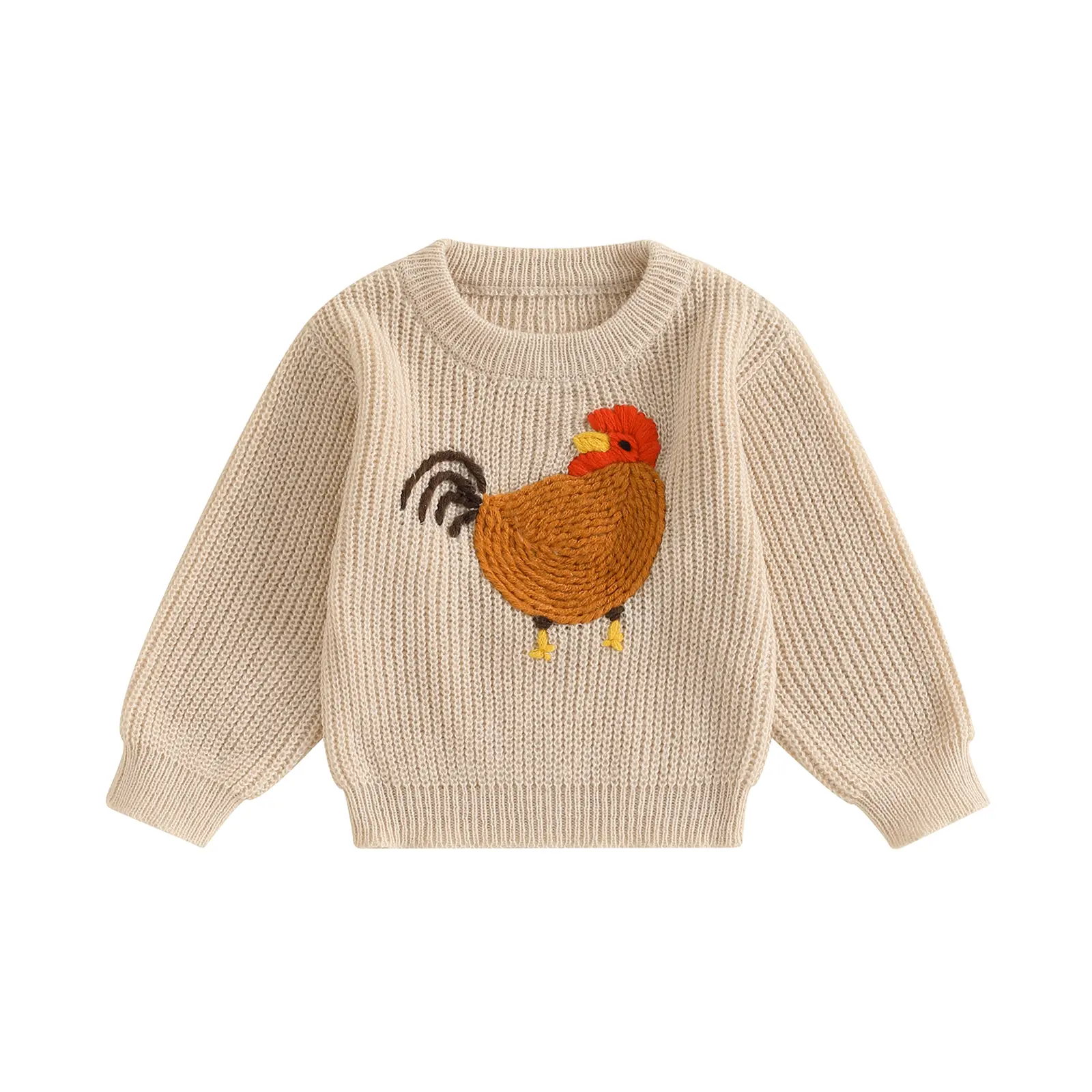 Baby Toddler Round Neck Graphic Sweater Top - Polyester Stylish Pullover Tops, Farm Chicken Rooster Print, Cottagecore Vintage Fall Winter Outfit for Boys & Girls