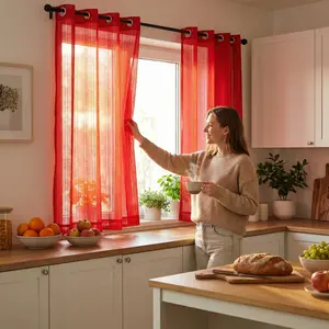 Window Curtains 4-Piece Set (52x63 in), 540D Solid Color Light Filtering Airy Gauze Grommet-Type Decorative Curtains with Openwork Design for Living Rooms, Bedrooms, FT6664, Light Filtering Curtains