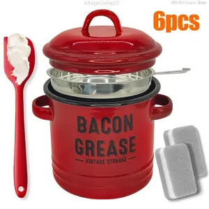 Bacon Grease Container with Strainer & Food-Grade Silicone Spatula, 46oz Large Enamel Rustic Farmhouse Fat Container, Keeper, Dishwasher Safe,Dishwasher Safe Filter Kitchen Utensils fine mesh strainerASageLiving27AB14Veloura Home