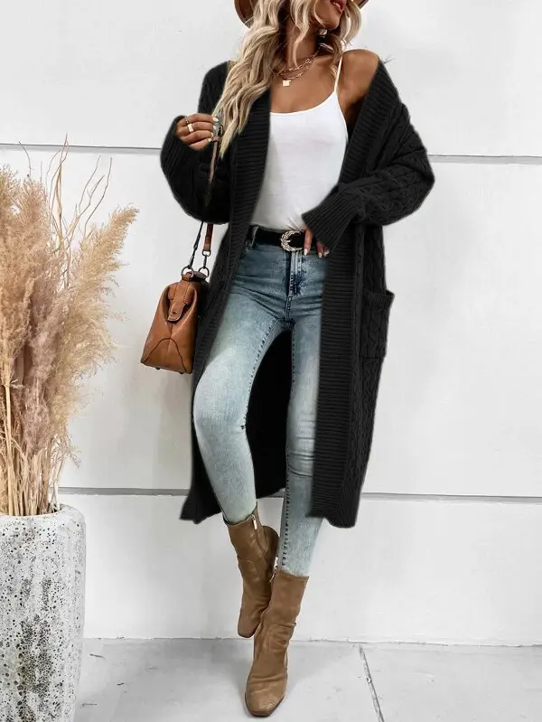 Danedvi Women's Cable-Knit Long-Sleeve Open-Front Cardigan Coat with Pockets, Casual Knit Outerwear Top, Knitwear