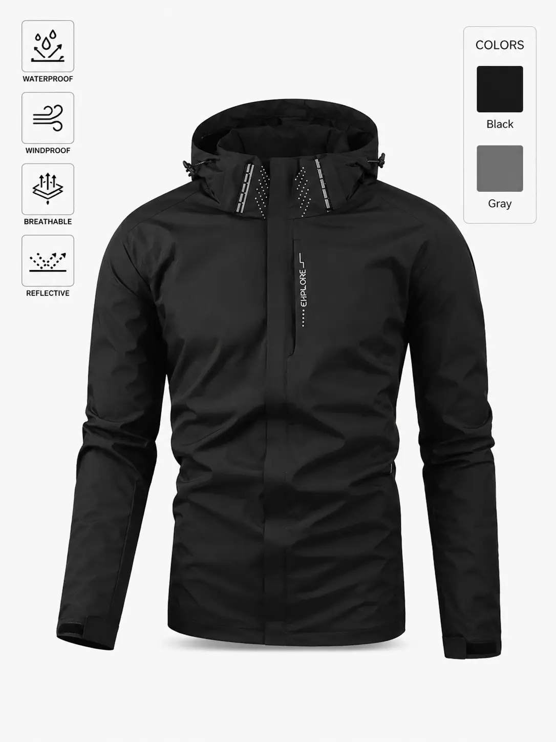 Men's Lightweight Waterproof Hooded Jacket, Autumn Fashionable Casual Windbreaker Coat, Windproof Full-Zip Rain Shell Jacket for Hiking, Camping, Travel, Outdoor Activities and Everyday Wear