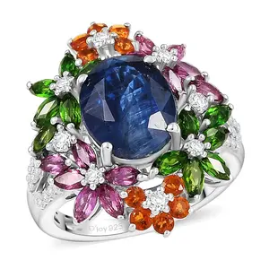 Kyanite and Multi Gemstone 7.40 ctw Mystic Garden Ring in Rhodium Over Sterling Silver Size 8 Christmas Gifts