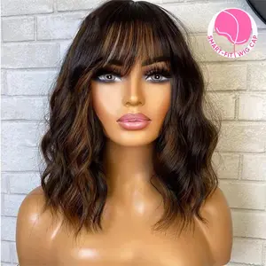 Jessie's Wig [Cathy] Highlight Brown Smart-Fit Pull Go Glueless Bob Wig With Bangs Loose Wavy Human Hair Wig Pre Cut Lace