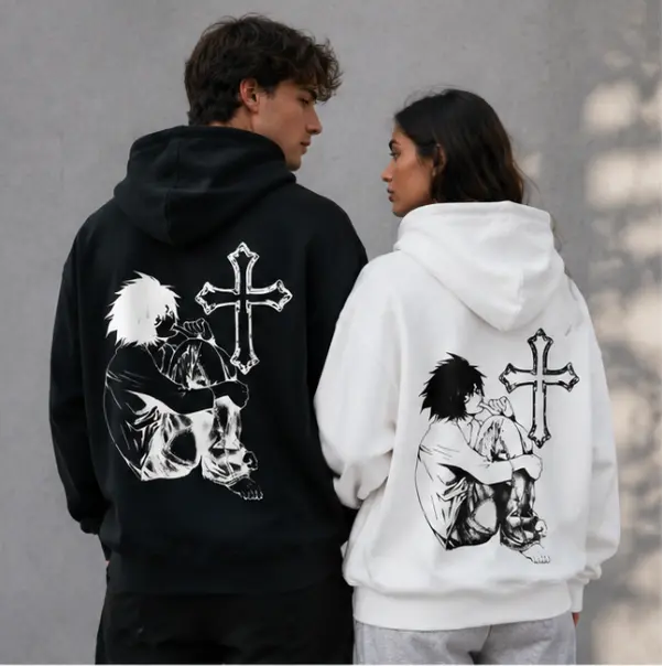 Death Note L Lawliet Cross Gothic Anime Hoodie Unisex Vintage Manga Graphic Oversized Hoodie Y2K Casual Streetwear Couple Matching Pullover Anime Fan Gift Mens Womens Dark Aesthetic Grunge Sweatshirt