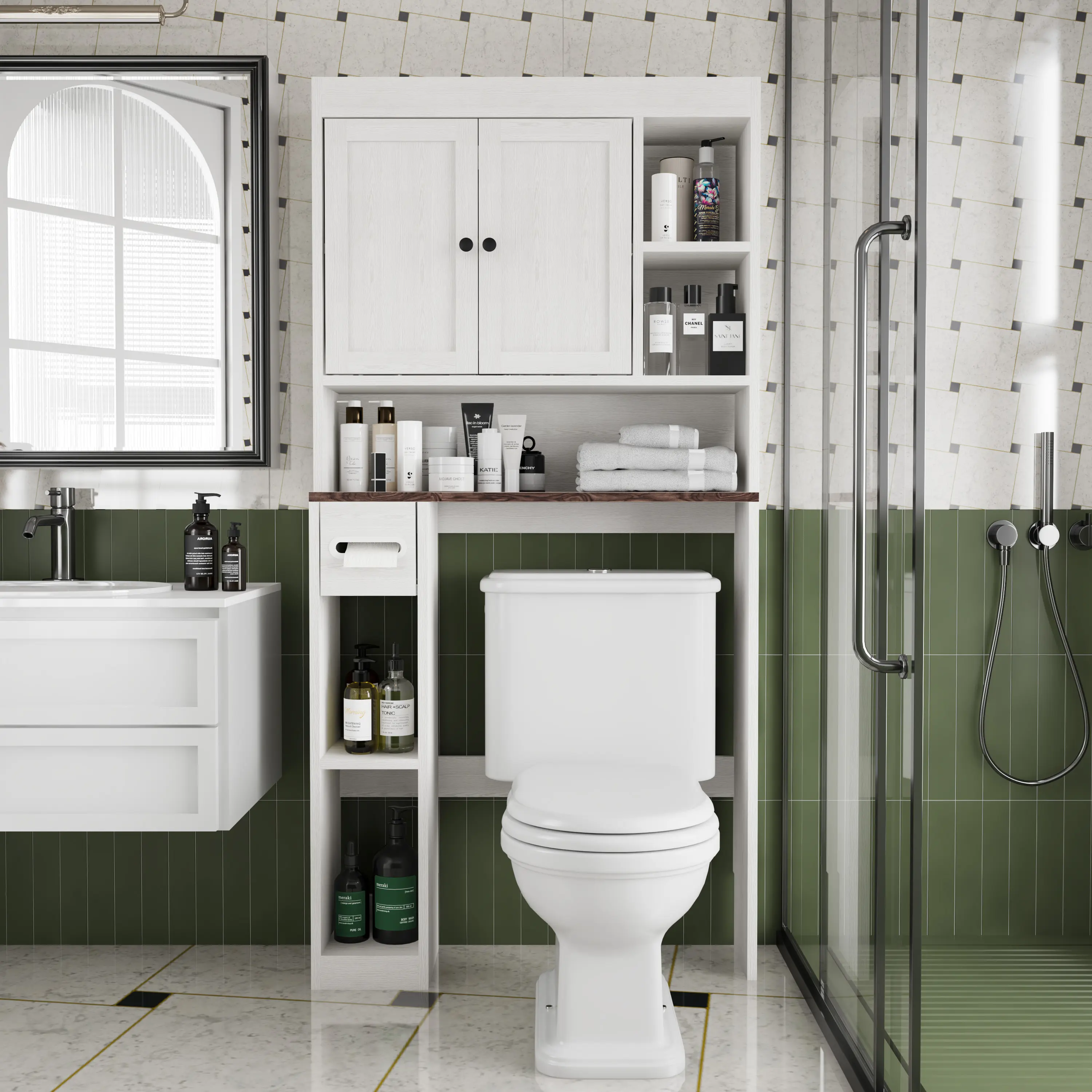 Farmhouse Bathroom Space Saver Cabinet, Freestanding Above-Toilet Organizer with Double Doors, Open Cubbies and Anti-Tip Design, Multipurpose Storage Shelf for Toilet, Washer, Apartment and Laundry Room