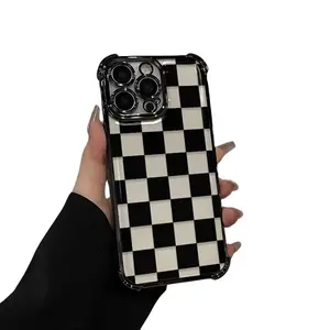 Black Checkered Shockproof Phone Case for iPhone 11 12 13 14 15 16 Pro Max, Slim TPU Cover with Full Camera Protection, Four-Corner Drop Resistance