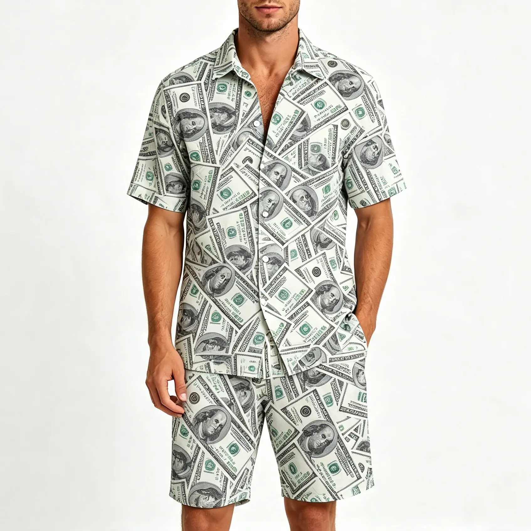 Men’s Short Sleeve Button Down Beach Shirt Matching Shorts Set, Multi Tropical Art Print, Double-Line Grid Fabric Summer Vacation Outfit