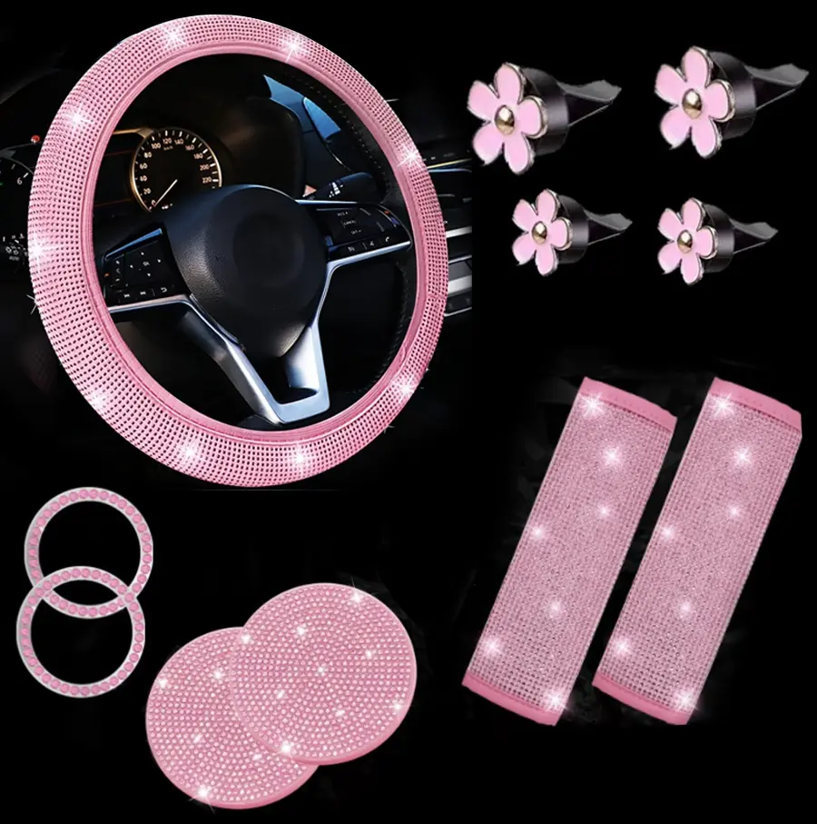 11pcs Bling Cute Car Decor Set - Polyester Steering Wheel Cover, Seat Belt Covers, Daisy Vent Clips, Cup Holder Coasters, Diamond Start Button Rings - Cars Vehicle Accessories for Most All-Season Autos