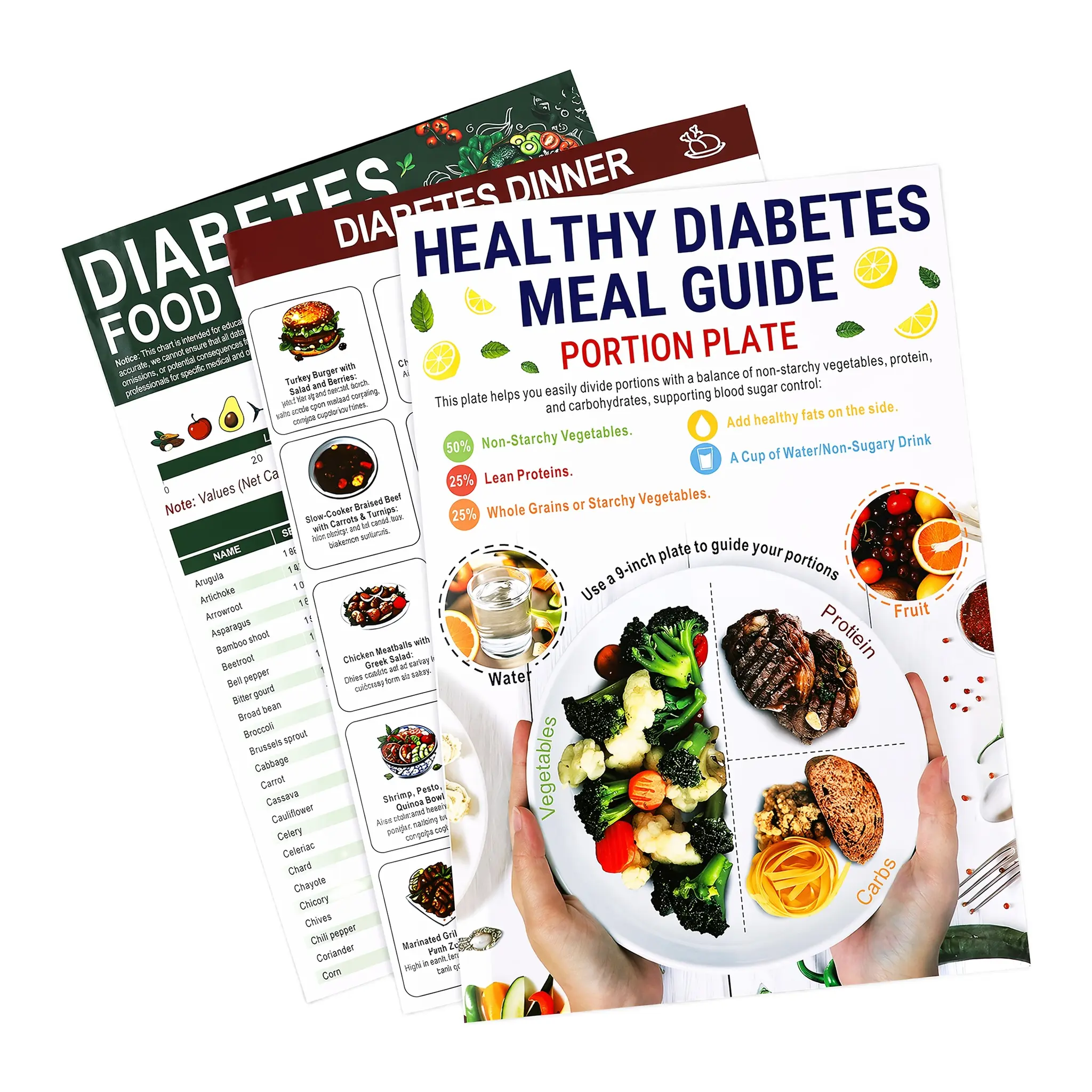 3 Pack Laminated Diabetic Food List & Meal Guide Charts, Glycemic Index Reference Sheets with Carbs Calories Serving Size, Meal Planner for Type 1 & Type 2 Diabetes