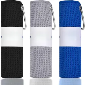 Microfiber Fishing Towels with Clip, Waffle Pattern for Effective Cleaning of Fishing Gears or Dirty Hands, 16" x 16", Camping Towels, Hiking Towels, Pack of 3 (Black/Grey/Blue)