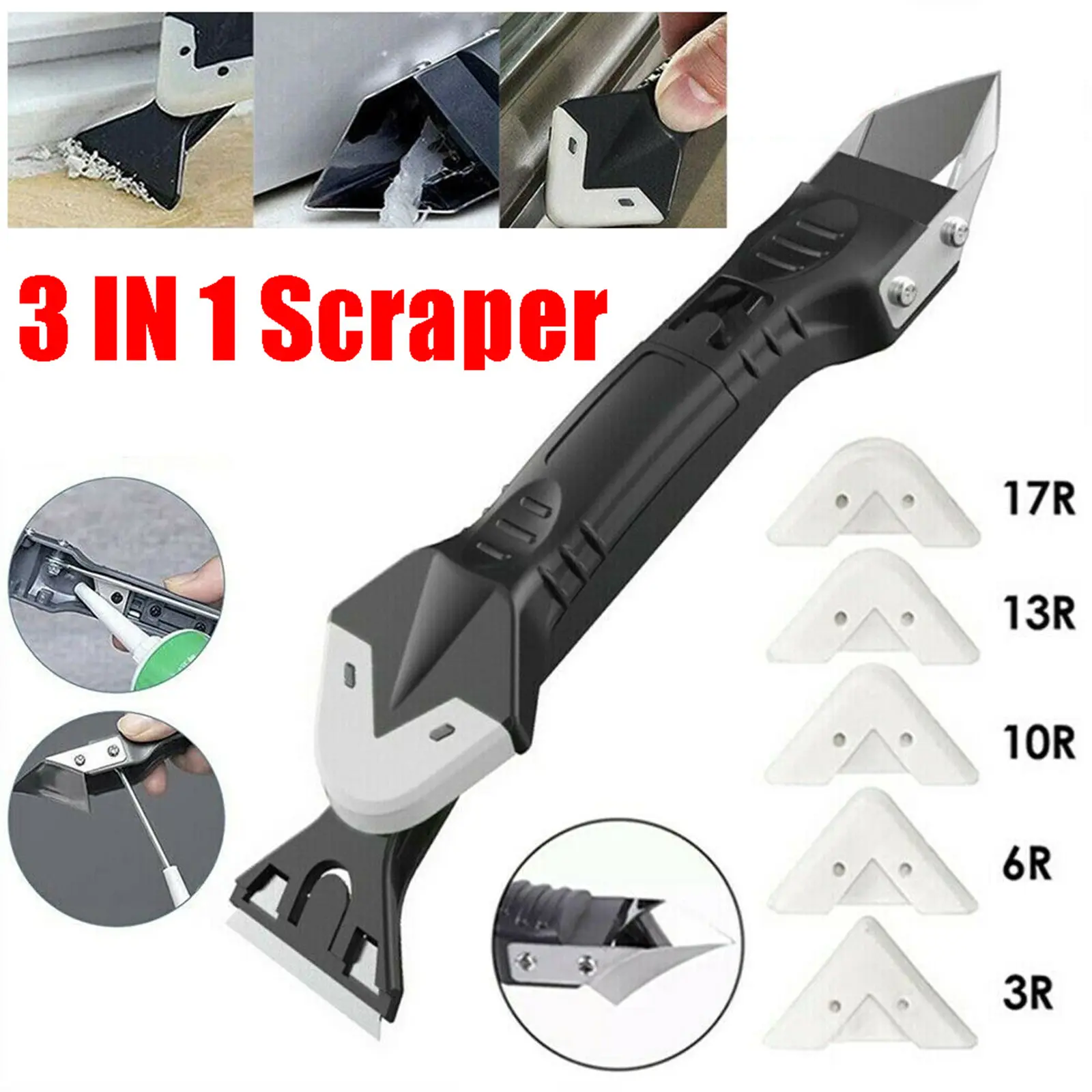 3-in-1 Silicone Plastic Metal Head Scraper Tool - Interchangeable 3R,6R,10R,13R,17R Pads, Stainless Steel Grout Set for Caulking Mould Removal, Grouting Sealant Finishing (Masonry & Tiling Hand Tool)