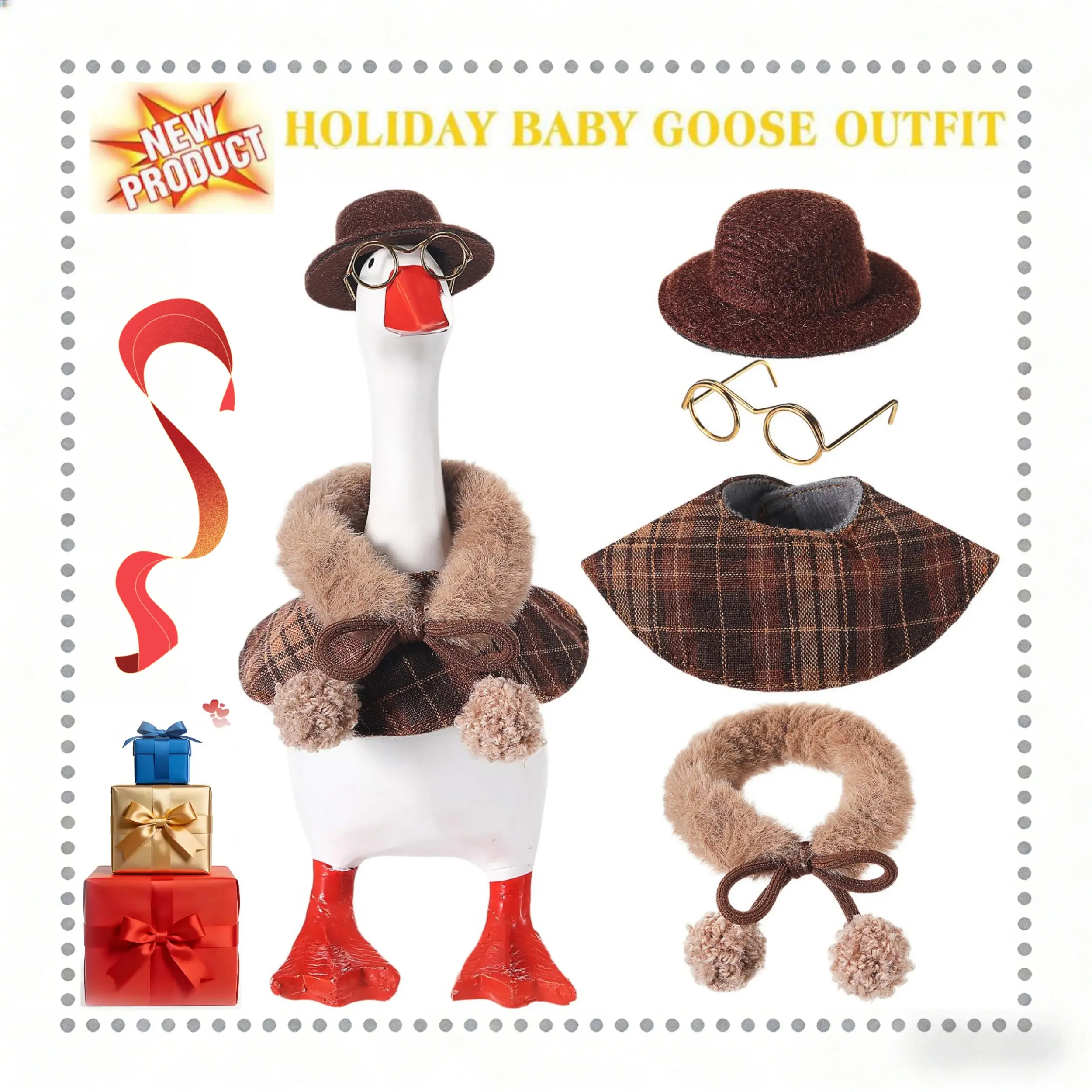 Magnetic Mini Goose Duck Statue 4-Piece 7in Halloween Fur Outfits - Fluffy Plaid Cape, Detective Hat, Collar, Glasses, Hook Decorations Accessories, Christmas Gift, Holiday Desk Decor, Christmas Decorations