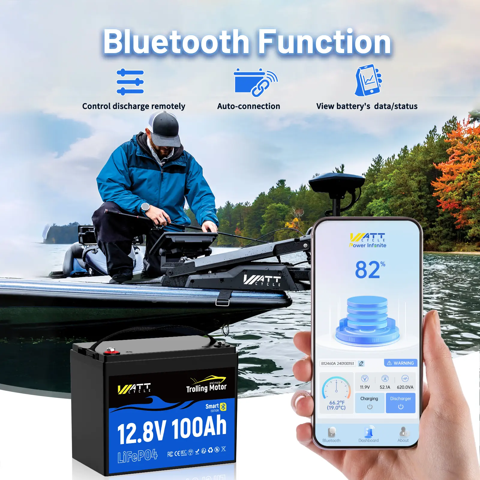 12V 100Ah Trolling Motor LiFePO4 Lithium Battery with Smart Bluetooth, Group 24,Uilt-in 100A BMS, Automatically Cuts and Recovery, IP67, Deep Cycle Perfect for Trolling Motors Marine Boat