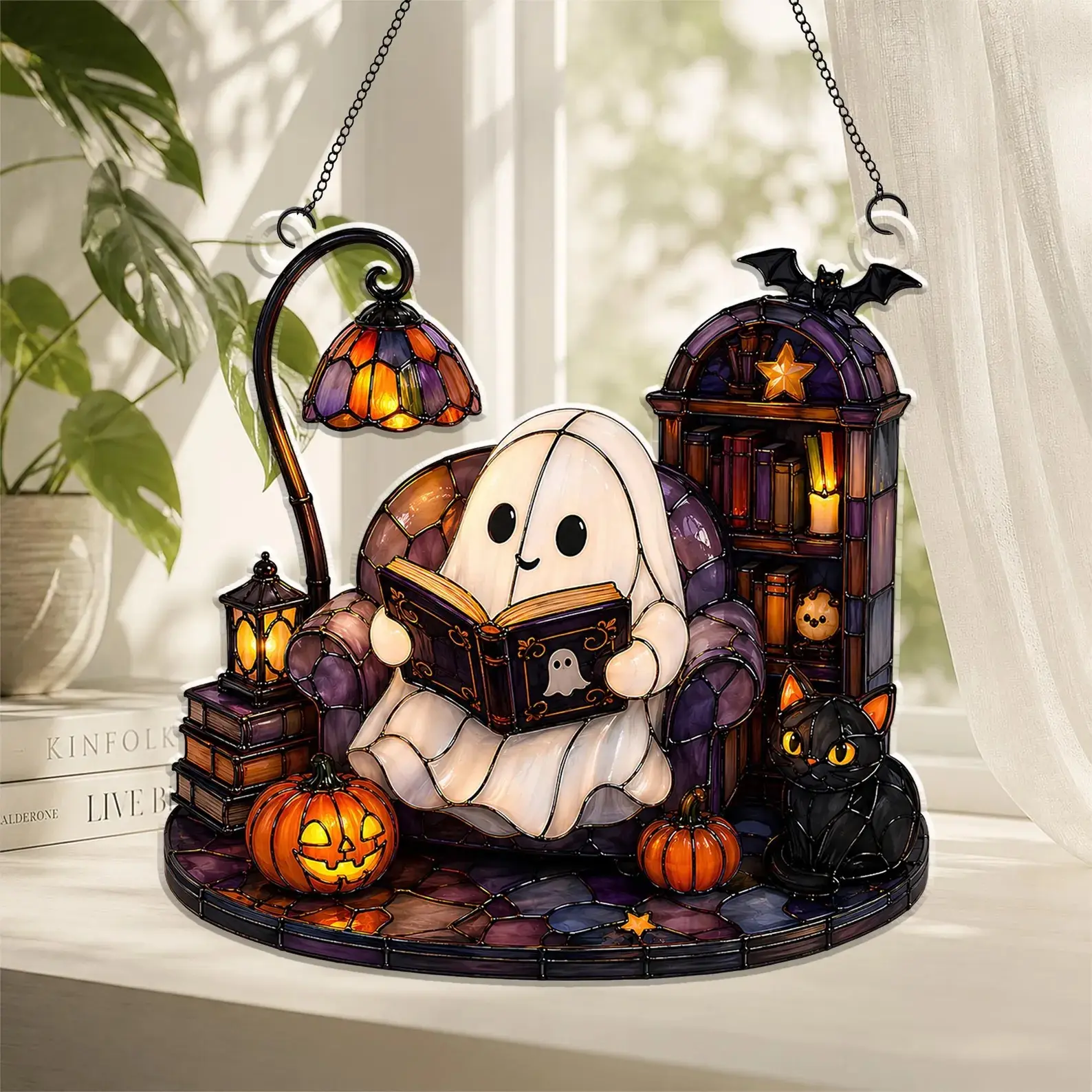 Cute Reading Ghost & Black Cat Halloween Suncatcher - Cozy Witchy Gothic Stained Glass Window Hanging Decor - Premium Vibrant Acrylic Ornament Gift for Book Lovers & Spooky Season Enthusiasts