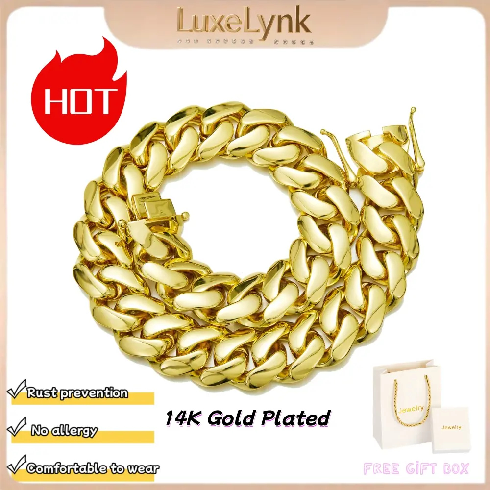 【Lock style】14K gold-plated chunky Cuban chain necklace or bracelet for men, Miami style, 8/10/12/14/16/18/20/22mm, hip-hop style necklace, Valentine's Day gift, Christmas gift, Miami fashion item.