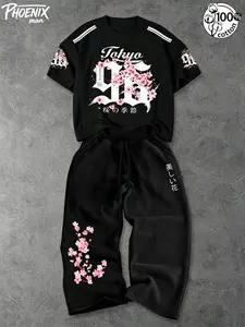 Unisex Japanese-American Streetwear Vibe Two-Piece Set with Cherry Blossom Print: 100% Cotton T-Shirt + Comfortable Sweatpants
