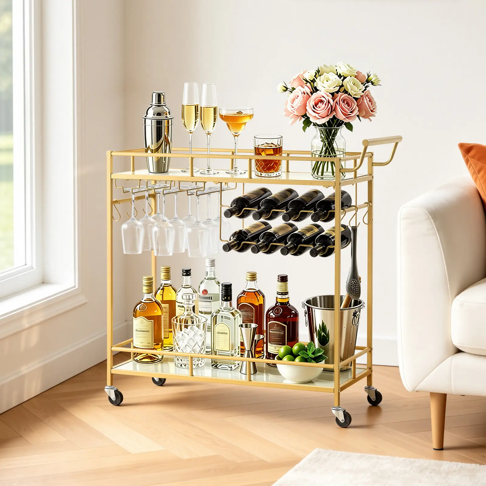 VEVOR Bar Cart, 2 Tiers Home Kitchen Serving Carts, Modern Rolling Utility Station on Wheels, Drink Beverage Trolley with Mirrored Glass Shelves, Wine Rack, Glass Holder, for Living Dining Room, Gold#BacktoSchool