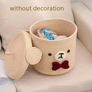 Handwoven Bow Bear Storage Basket, Durable Medium Size Fabric Laundry Hamper, Multifunctional Decorative Toy Organizer with Lid, 25x25 Cm, Ideal for Bathroom Bedroom Living Room