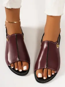 Women's Summer Roman Sandals with Metal Ring Decoration, Open Toe Flat Shoes, PU Material, Casual Style, Less Than Ankle Height