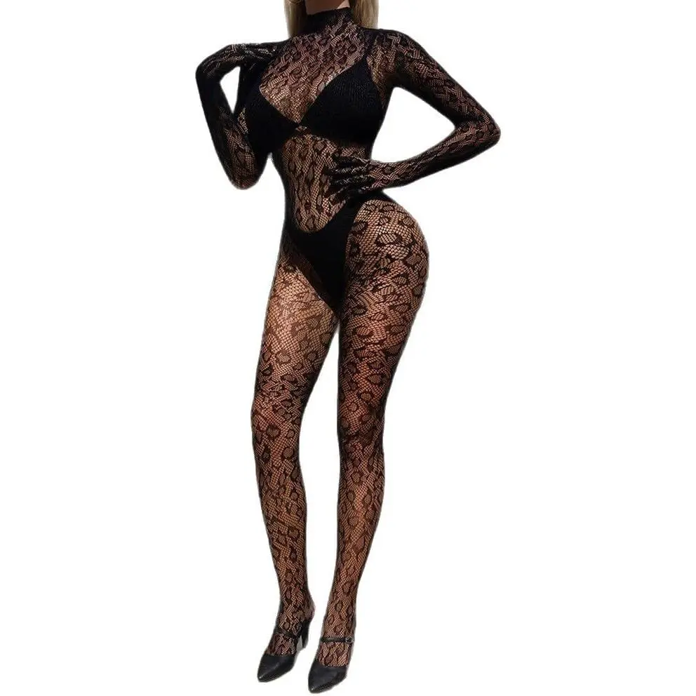 Women's Leopard Print Fishnet Full-Body Bodysuit - Long-Sleeve See-Through Mesh Clothes, Daring Aesthetic Jumpsuit Costume Lingerie for Rave, Valentine's Day Gift