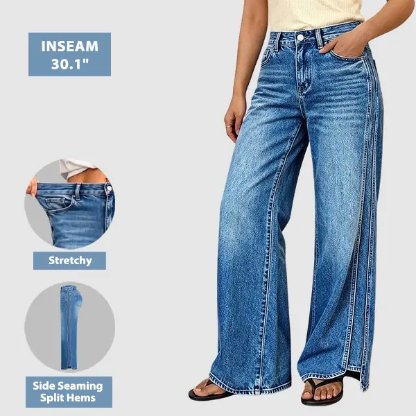 Flamingals Wash Seam Side Split Hem High Rise Wide Leg Jeans Stretchy 30.1'' Inseam