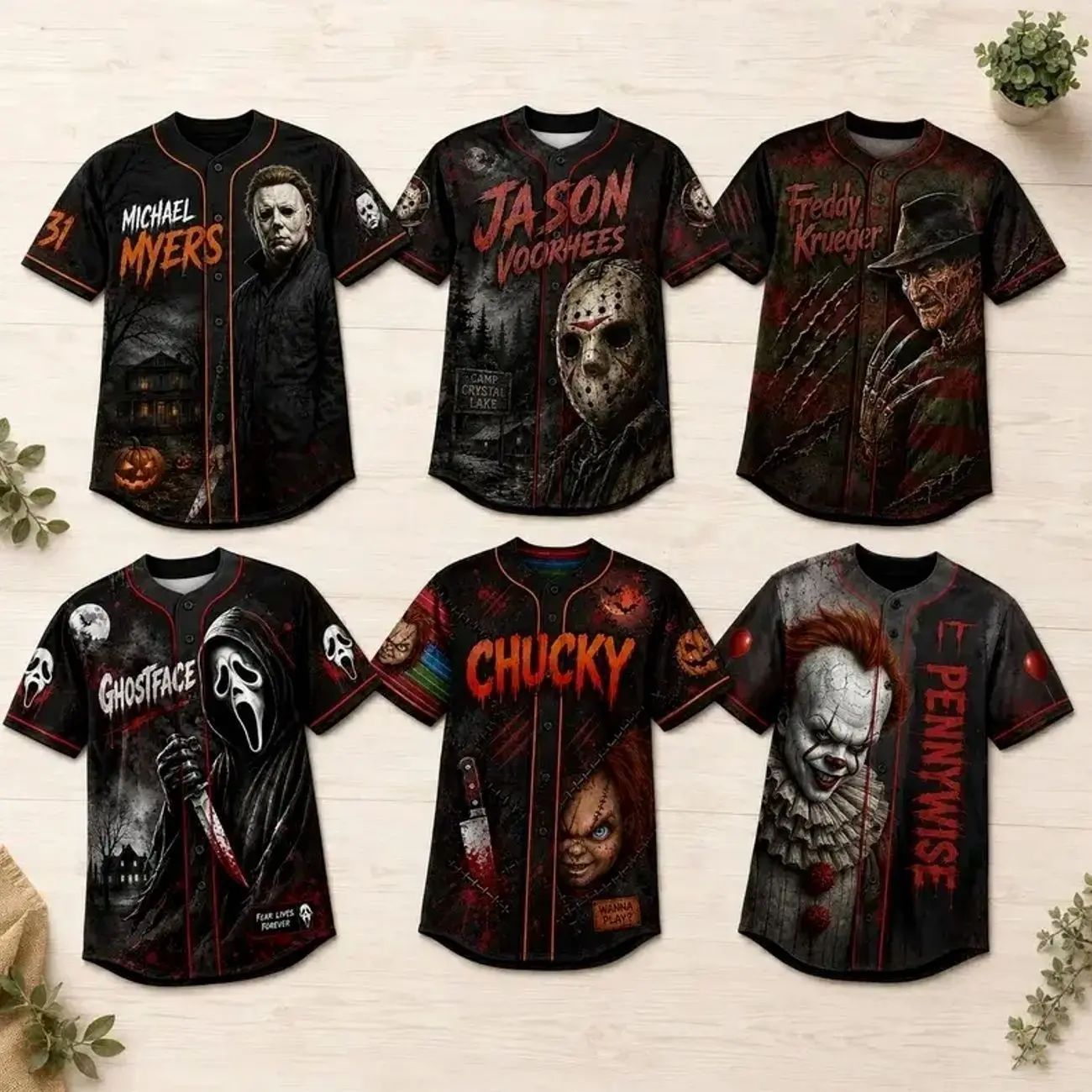 Horror Slasher Baseball Jersey, Classic Horror Movie Characters Shirt, Spooky Squad Halloween Uniform, Halloween party costumes, Halloween Gifts