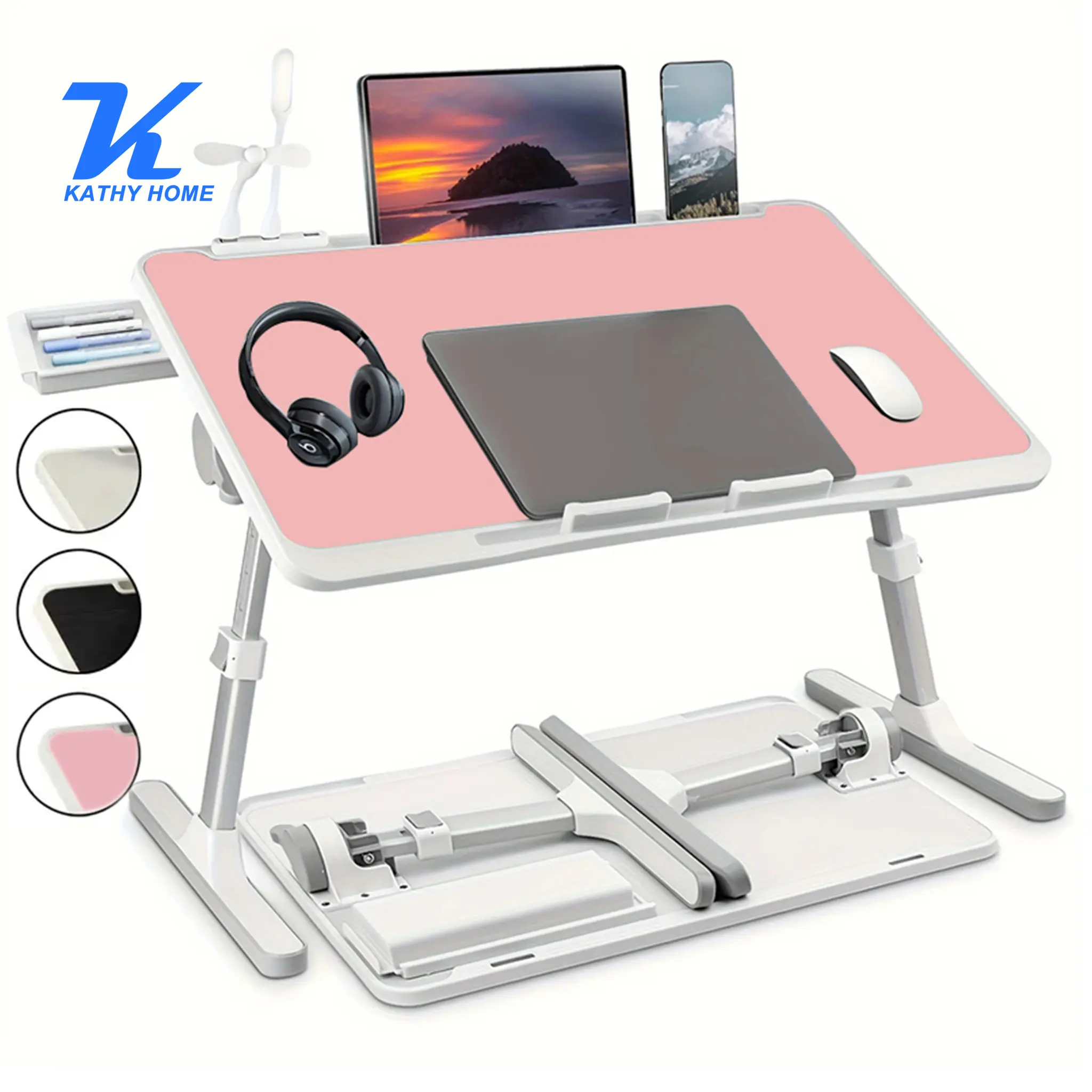 KATHY HOME Adjustable Portable Lap Desk - Laptop Bed Tray Stand with 3 USB Ports, Mini Fan, Light, Foldable Design, Storage Drawer, Cup Holder, for Bed/Couch Use, Mother's Day Gift, Portable Lap Trays