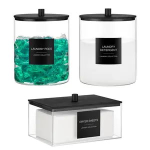 Glass Jars And Dryer Sheet Holder  Laundry Pods Container With Lid 27 Labels Powder Detergent Containers For Room Organization Storage Set (3 Pack Black)