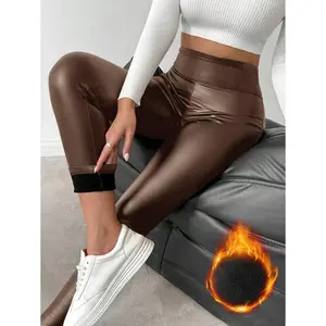 Women’s warm faux leather thermal-lined skinny leggings, basic long pants for autumn/winter