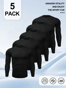 5 Pack Men's Black Long Sleeve Compression Shirts, Quick Dry Workout T-Shirts, Moisture Wicking Athletic Base Layer Undershirts for Gym, Running, Sports
