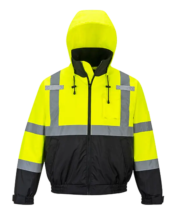 Portwest US364 2XL Hi-Visibility Premium 2-in-1 Waterproof Fleece Bomber Jacket, Yellow & Black - Regular Fit, Long Sleeve, Warmth, Reflective Tape, 2 Lower Front Pockets, Construction Work Jackets & Coats, 300D Oxford Weave, 2" Silver Reflective Tape