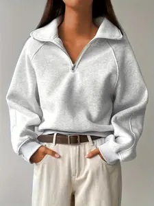Plus Size Women's Sport Polo Shirt, Plain Half-Zip Sweatshirt, Long Sleeve Hoodie, Casual Daily Wear, Casual Sporty Top, Fall & Winter Fashion