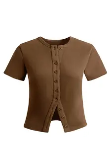 Street Fashion Sexy Versatile Short Sleeve Casual Blouse Top, Vertical Stripes Textured Design, Irregular Button Detail, Slim Fit, All Seasons, Womenswear
