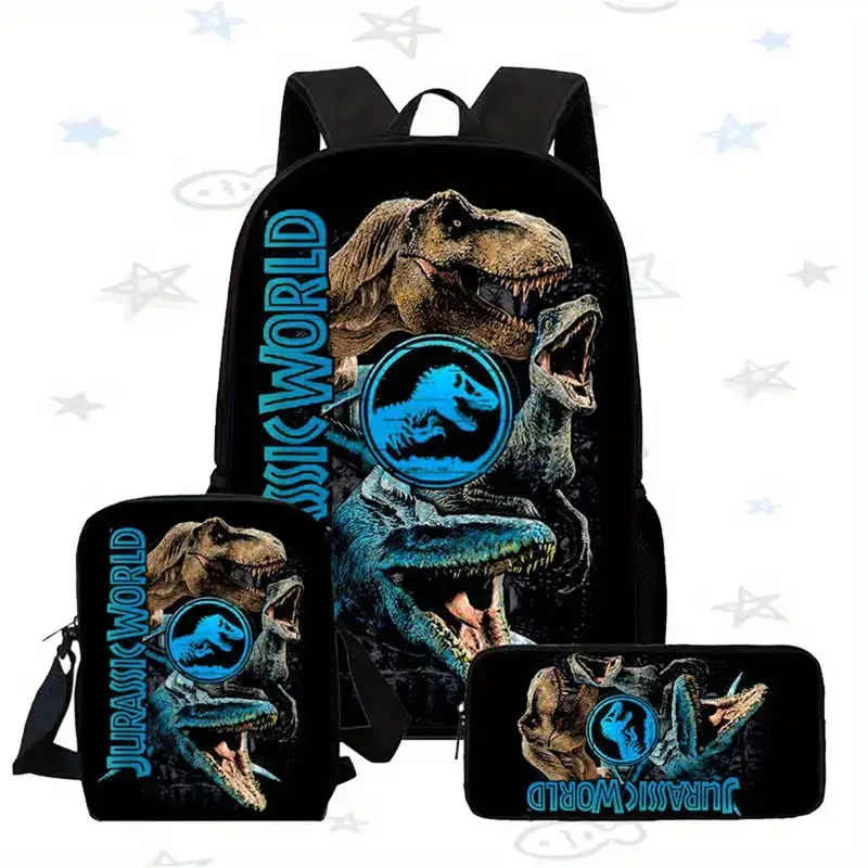Kids' Jurassic World 3-Piece Dinosaur Backpack Set - Oxford Cloth Daypack with Adjustable Straps, T-Rex & Velociraptor Print Lunch Bag, Pencil Case for Dinosaur Fans