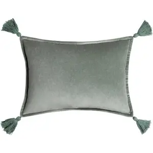 Cotton Velvet Lumbar Pillow, Tassels, Sage Cotton Velvet Lumbar Pillow, Tassels, Sage