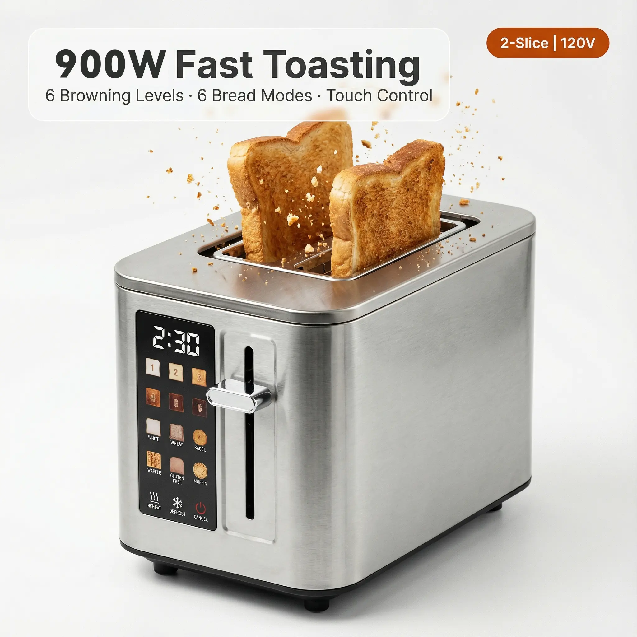 2-Slice Smart Digital Touch Toaster, Household Appliances, 201 Stainless Steel, 5.1" Extended Slots, 6 Bread Types, 6 Shade Levels, Bagel/Defrost/Reheat Functions, Anti-Burn Protection, Easy-Clean Removable Crumb Tray