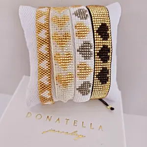Donatella Gold Hearts Miyuki Bracelet Adjustable Beaded Jewelry for Women Stackable Design in Golden White Black or Grey