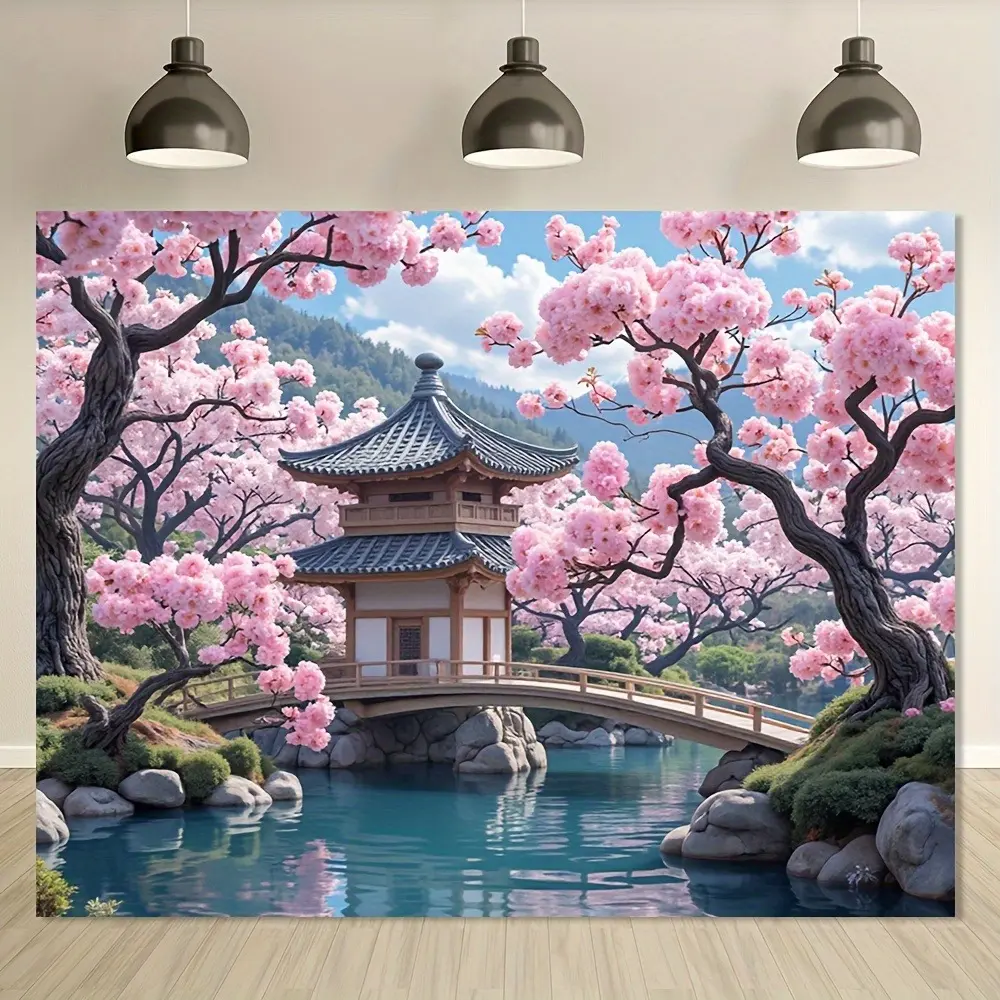 1-Piece Classic Retro Japanese Cherry Blossom & Traditional House Hanging Wall Tapestry - High Def Print Cherry Trees, Pagoda, Bridge, Animals, Watercolour, Durable Synthetic Polyester Fabric, Rustic Glam Home Decoration, Family Gift, Machine Washable