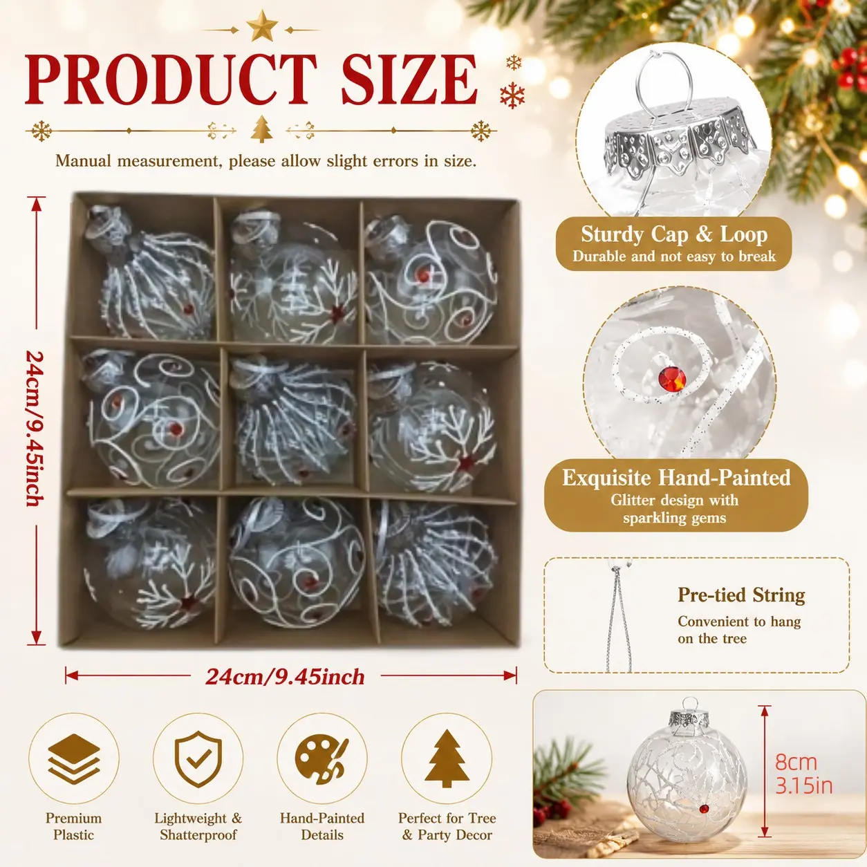 9 Hand-Painted Christmas Ornaments, Transparent Glitter Hanging Balls, Snowflake, Swirl, Waterdrop Designs, Decorative Ornaments, Holiday Tree Decorations