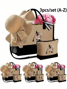3pcs/Set Women Beach Tote Bag With Shoulder Strap, Beach Hat And Cosmetic Bag, Personalized Gift Bag With Side Pocket, Beach Bag With Scarf, Women Khaki Wavy Beach Sun Hat