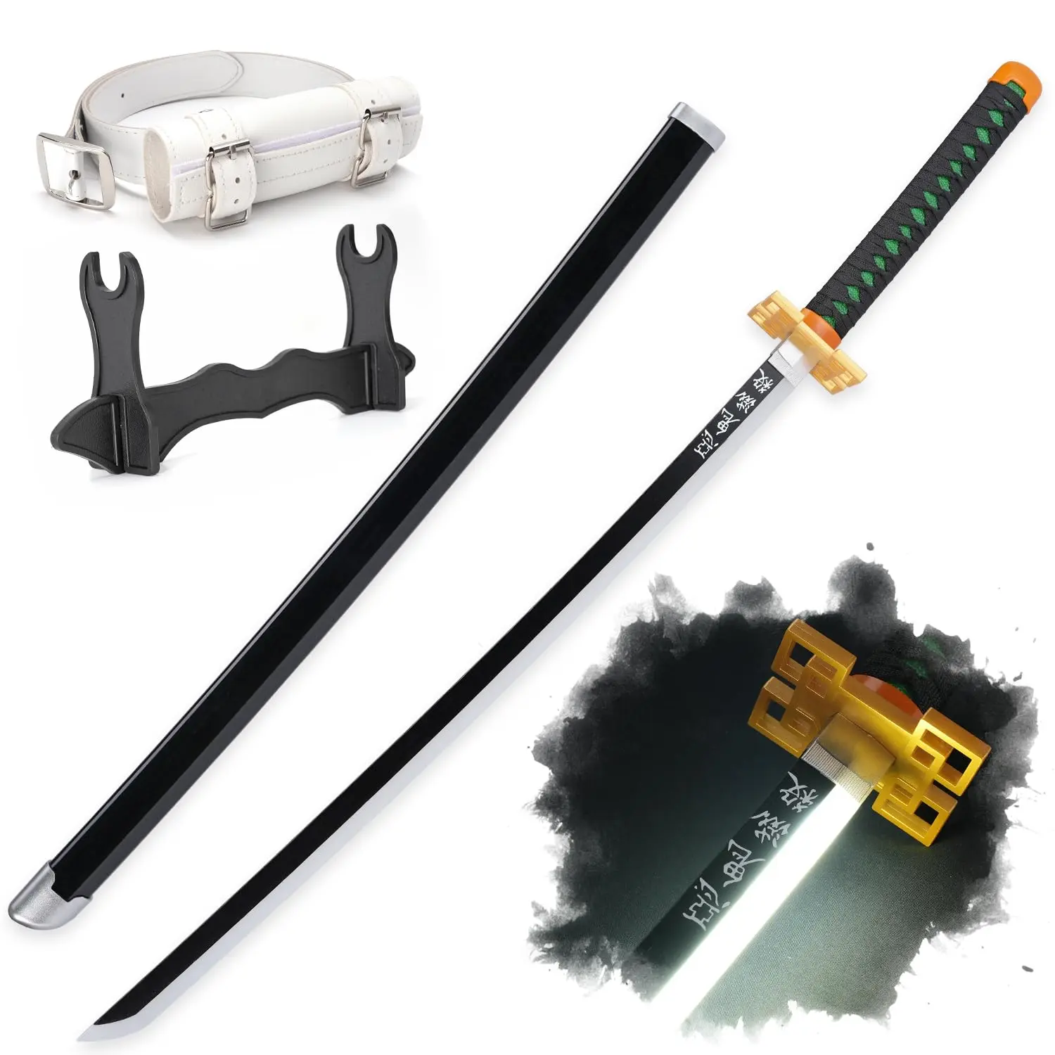 ELERVINO 41in LED Light Demon Slayer Tokitou Muichirou Anime Katana Sword for Adults - Plastic Dull Blade, White Belt, Holder Stand, 1.1 lb, Halloween Cosplay Prop, Decoration, 12+ Ages, Anime Sword